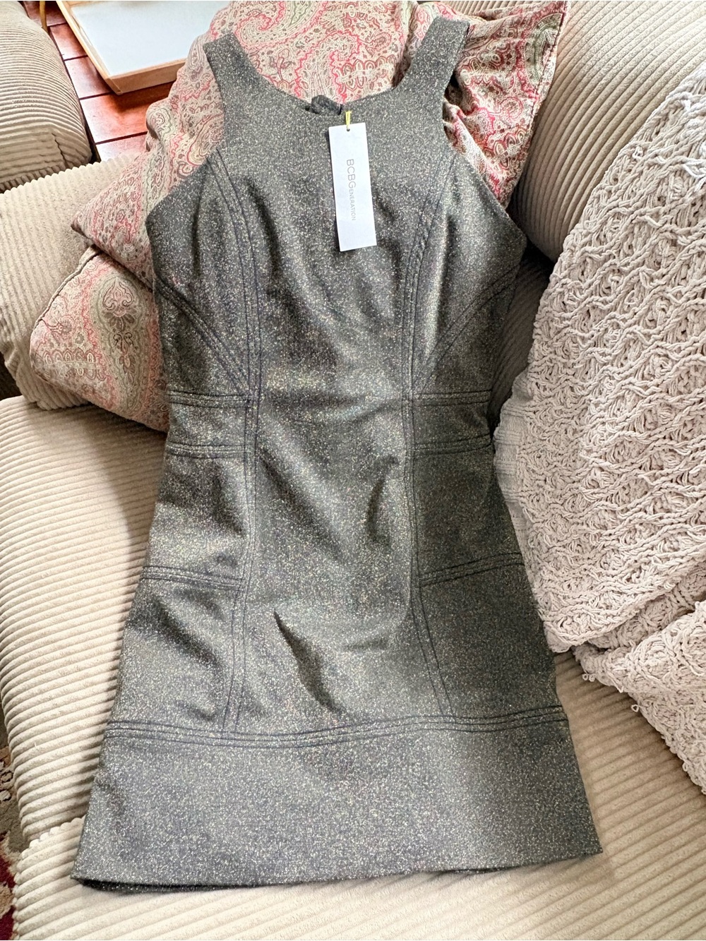 NWT Y2K BCBG Generation Medium Gold Black Metallic Sparkly Bodycon Mini Dress